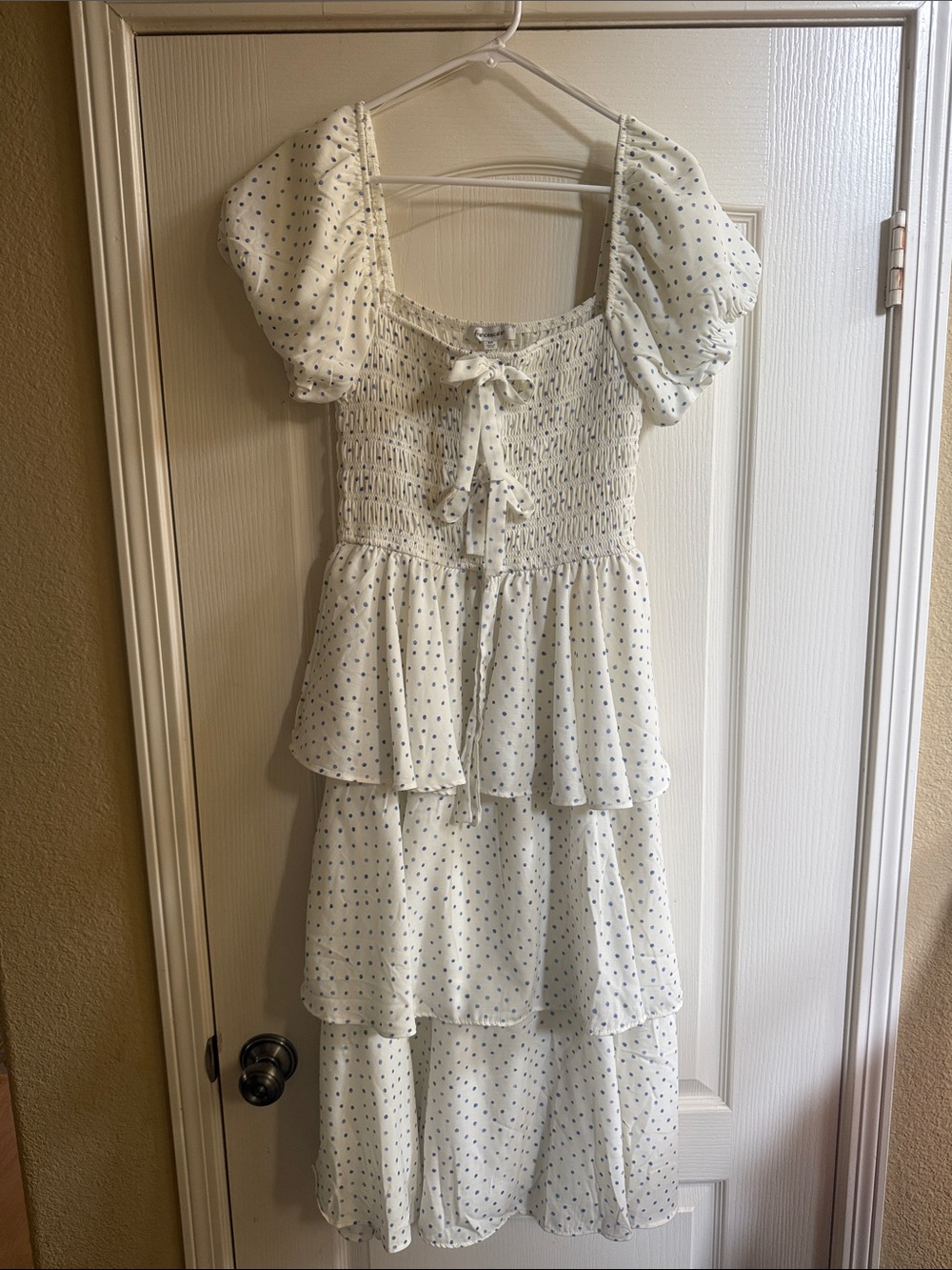 Francesca's Collections White Tiered Smocked Polka Dot Puff-Sleeve Dress